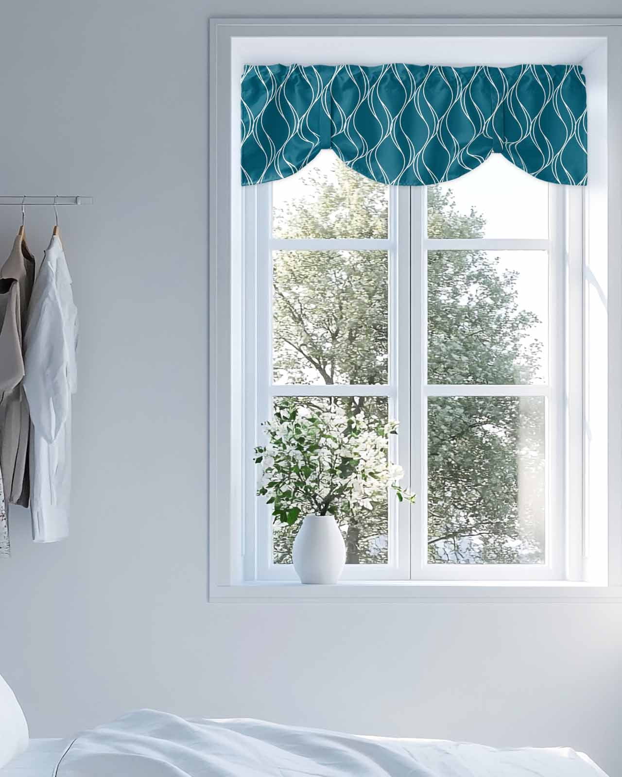Peacock Blue Lines Tie Up Valances Curtain, Adjustable Kitchen Abstract Waves Striped Classic Valances for Windows Decor, Rod Pocket Short Curtains Set for Bedroom/Bathroom, 60"x18"
