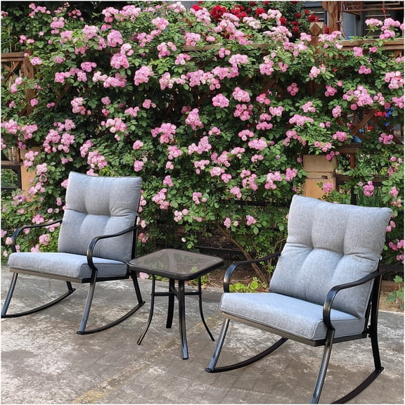 JERFIT 3-Piece Patio Rocking Chair Set with Side Table, Outdoor Bistro Sofa for Porch, Deck, Backyard, Medium Gray Metal