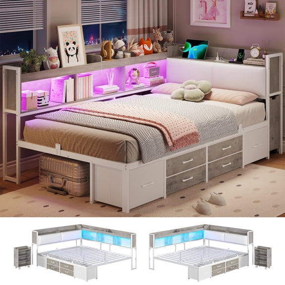 Upholstered Corner Bed Frame with Storage, 14''H Under LED Daybed Frame with Pull-Out Cabinet and Charging Station & 6 Drawers Underneath for Living Room,Bedroom & Guest Room, White & Oak Grey