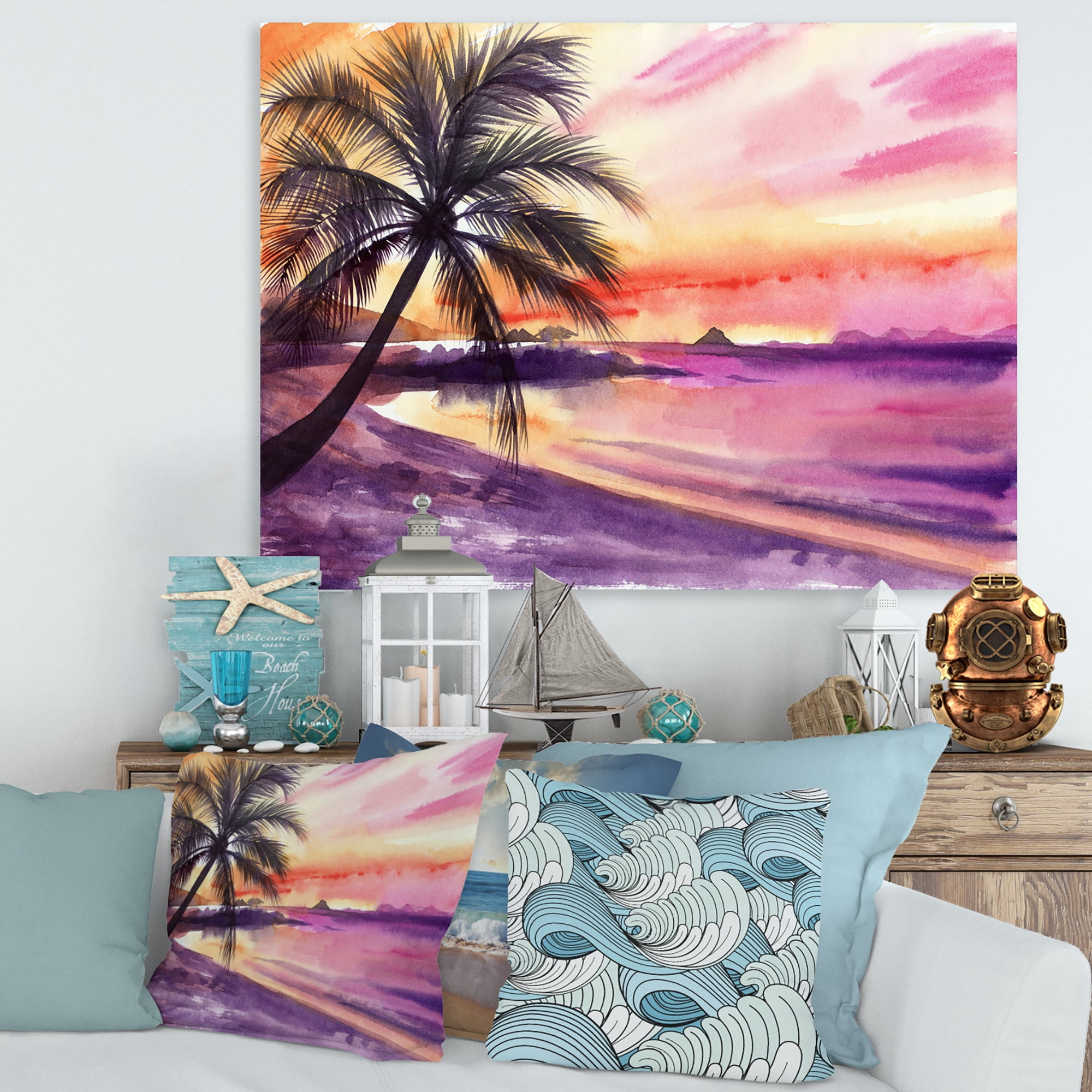 Designart ' Purple and Pink Palm Beach Sunset ' Nautical & Coastal Canvas Wall Art Print