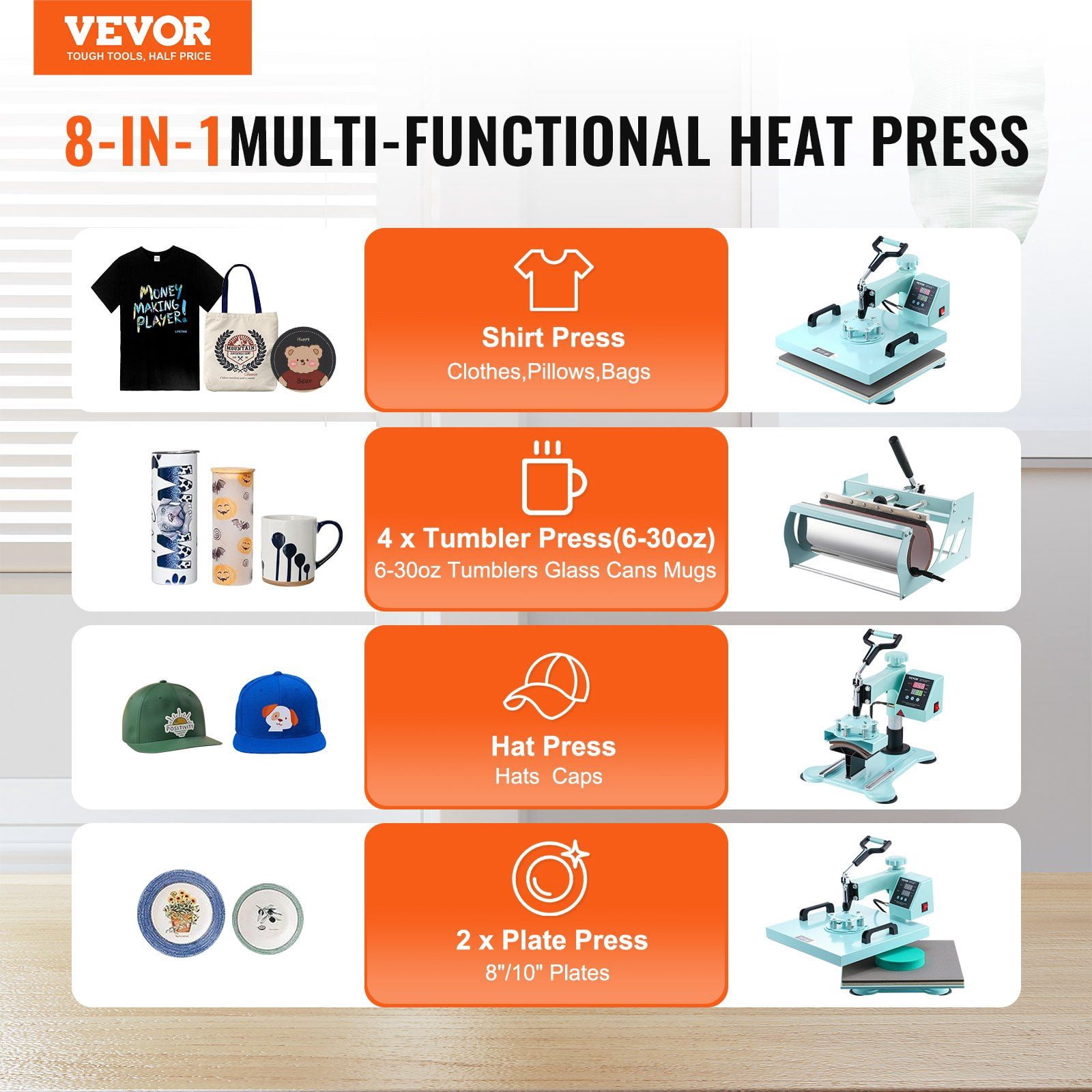 Green 15x15 Inch Heat Press Machine, 8-in-1 Multi-Purpose with 30oz Tumbler Attachment