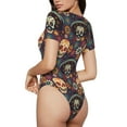 thumbnail image 3 of Balery Skulls and Flowers Women's Short Sleevee Crew Neck Bodysuit Tops Short Sleeve Tops Basic-Large, 3 of 9