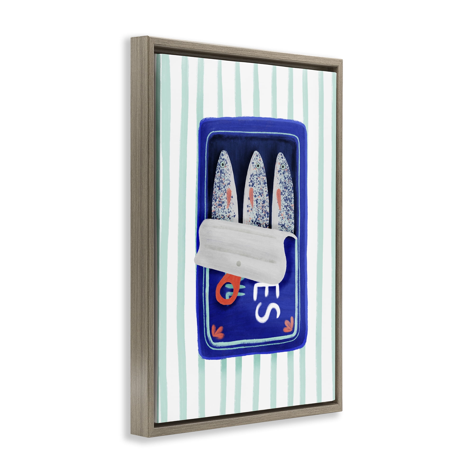 Stupell Industries Blue Sardines on Stripes Brown Framed Floater Canvas Wall Art, design by Metka Hiti