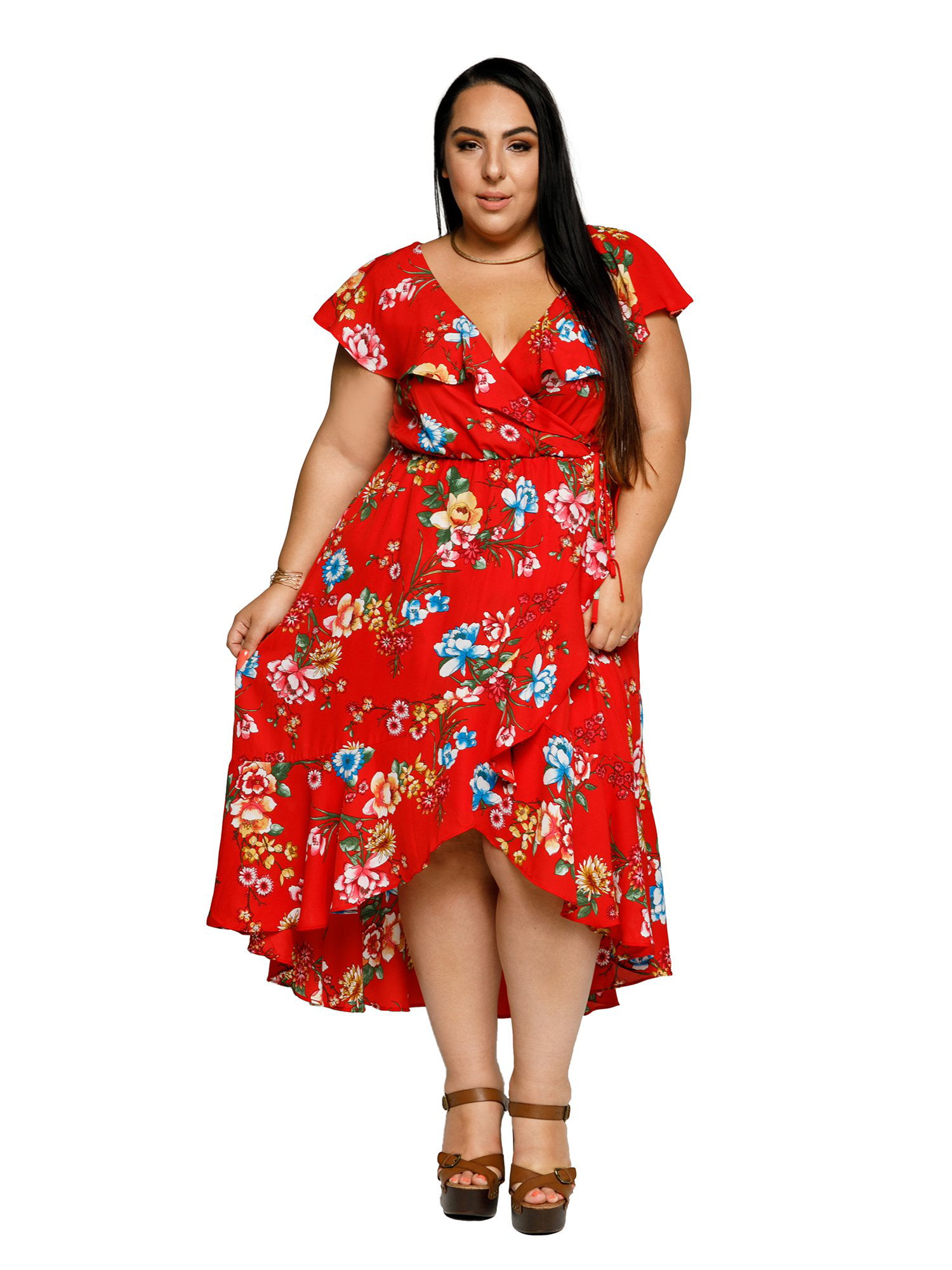 Xehar Women's Plus Size Sexy Floral Ruffle Midi Wrap Summer Dress ...