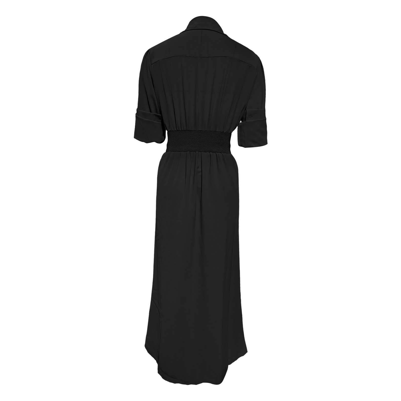 YueHuiYing Women's Single Breasted Shirt Lapel Elegant Belt Slim Fit Pleated Long Sleeves Solid Color Slit Party Dress