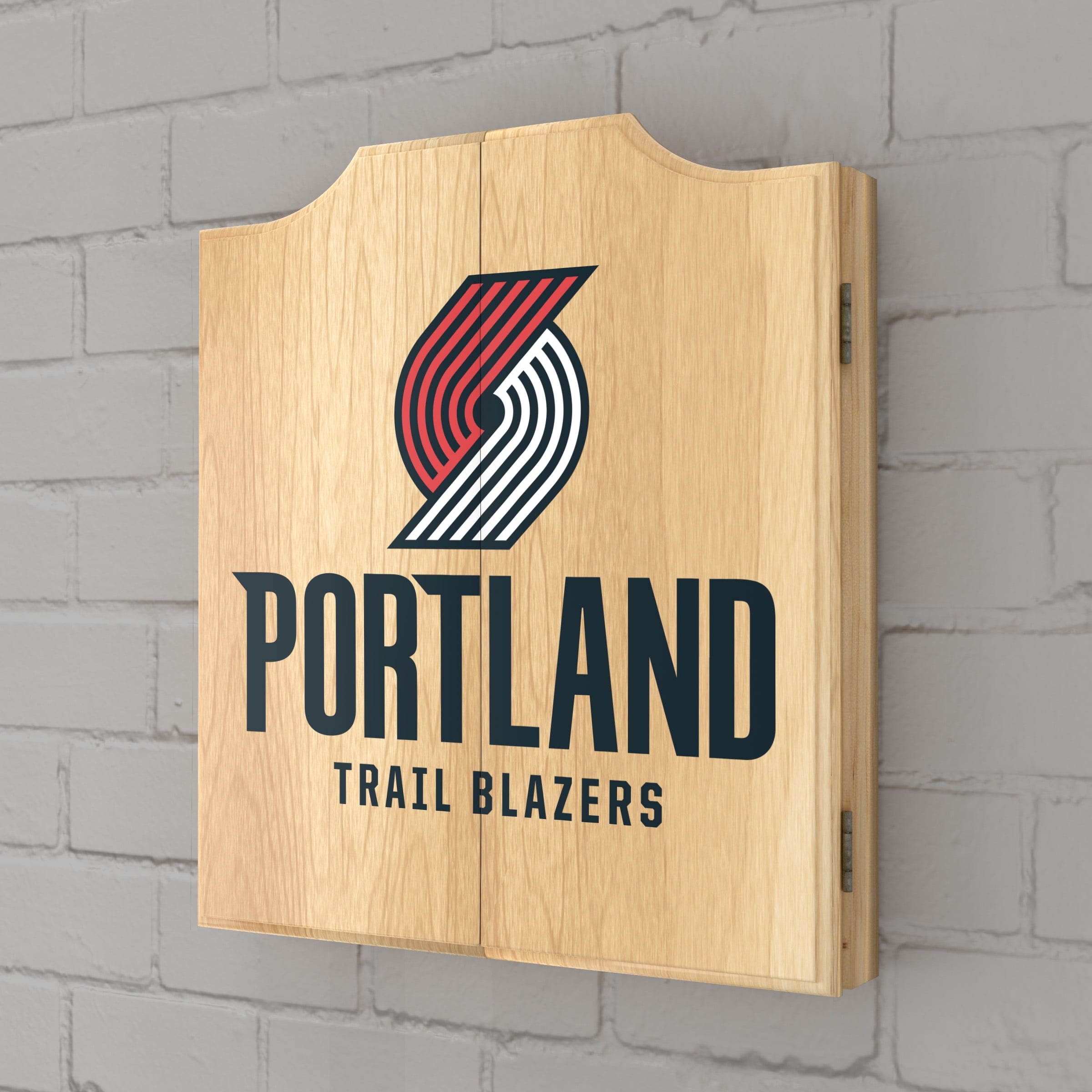 Portland Trail Blazers Logo Dart Board Cabinet Set with 6 Steel Tip Darts