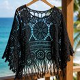 thumbnail image 6 of Karymi Summer Tops Boho Beach Crochet Hollow Out 3/4 Bell Sleeve Cover Up Top, Scalloped Neck Tassel Fringe Knit Shrug, Sheer Crochet Pullover Cardigan Summer Tops, 6 of 6