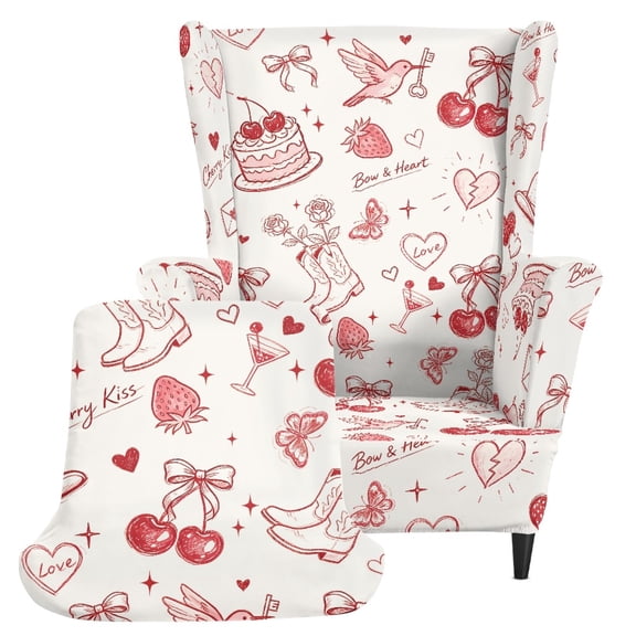 HELLHERO 2 Piece Removable Wing Chair Slipcover, Red Romantic Love Polyester Spandex Fabric Elastic Wing Accent Sofa Chair Covers for Living Room Bedroom