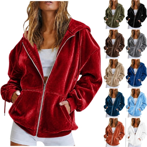 WULMLEO Womens Velour Zip Up Hoodie Long Sleeve Fall Oversized Hooded Sweatshirt Y2K Jacket 2026 Soft Warm Fashion Sweaters with Pockets Red S