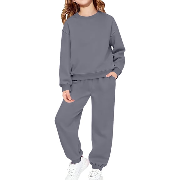 Kids Unisex 2 Piece Sweatsuit Boys Girls Solid Color Crewneck Pullover Sweatshirt Sweatpant Athletic Jogging Pants set