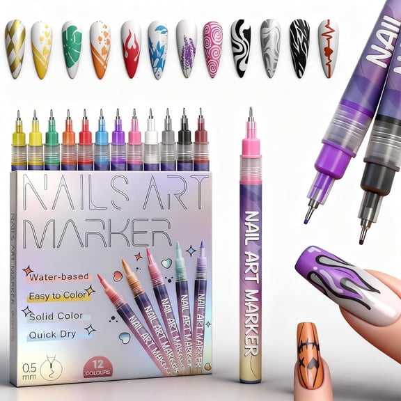 12 Colors Nail Art Pens Set | 0.5MM Nail Polish Pens for 3D Dotting & Drawing, Nail Point Graffiti Pen and Liner Brush for DIY Nail Art Design & Manicure