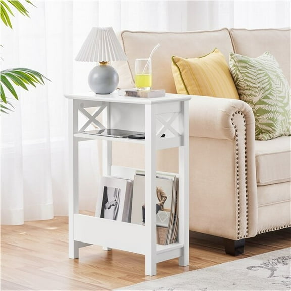 AEGFKDSturdy Wood Narrow End Table w/ Metal Magazine Rack, 3 Tier Slim White Side Table for Living Room, Perfect for Organizing Books and Displaying Décor Items