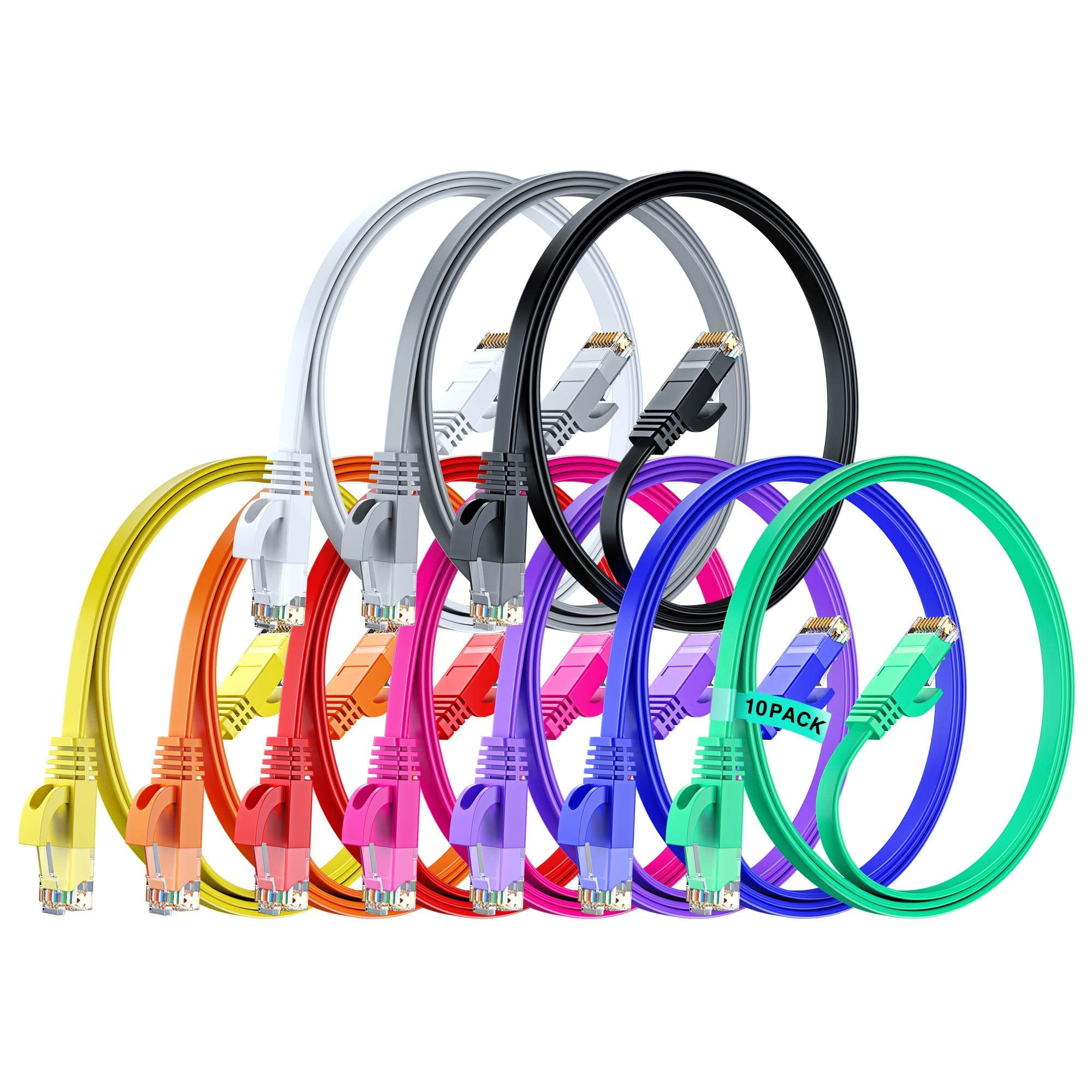 Cat 6 Cable 3 ft, Flat Wire, (10 Pack) Multicolor, Cat6 Cable