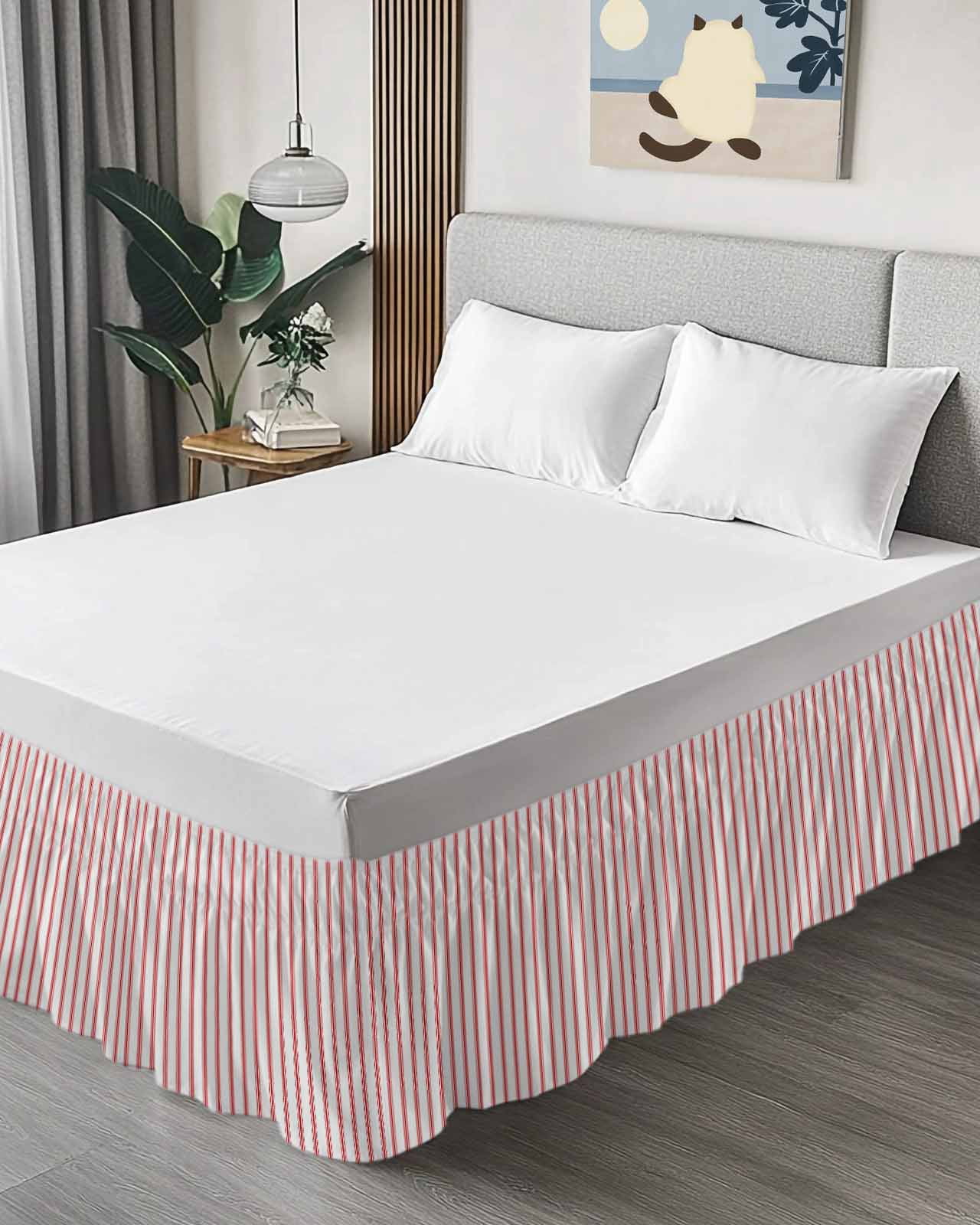 Stripes Bed Skirt Queen Size 16 Inch Drop, Modern Art Red Beige Adjustable Elastic Dust Ruffles Bedskirt for Queen Bed Wrap Around Pleated Mattress Frame Cover