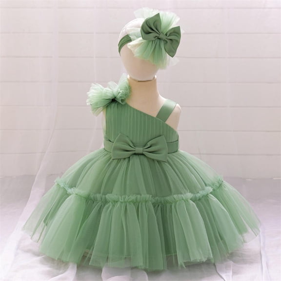 Pejock Baby Girl Pageant Dress with Sloping Shoulder - Sleeveless Mesh Princess Gown for Performances, Photoshoots 6M-3Y | Adjustable Bow Detail