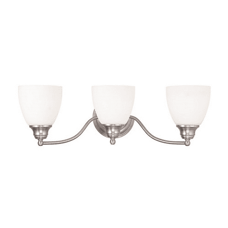 

Bathroom Vanity 3 Light With Hand Blown Satin Opal White Glass Brushed Nickel size 23 in 300 Watts - World of Crystal