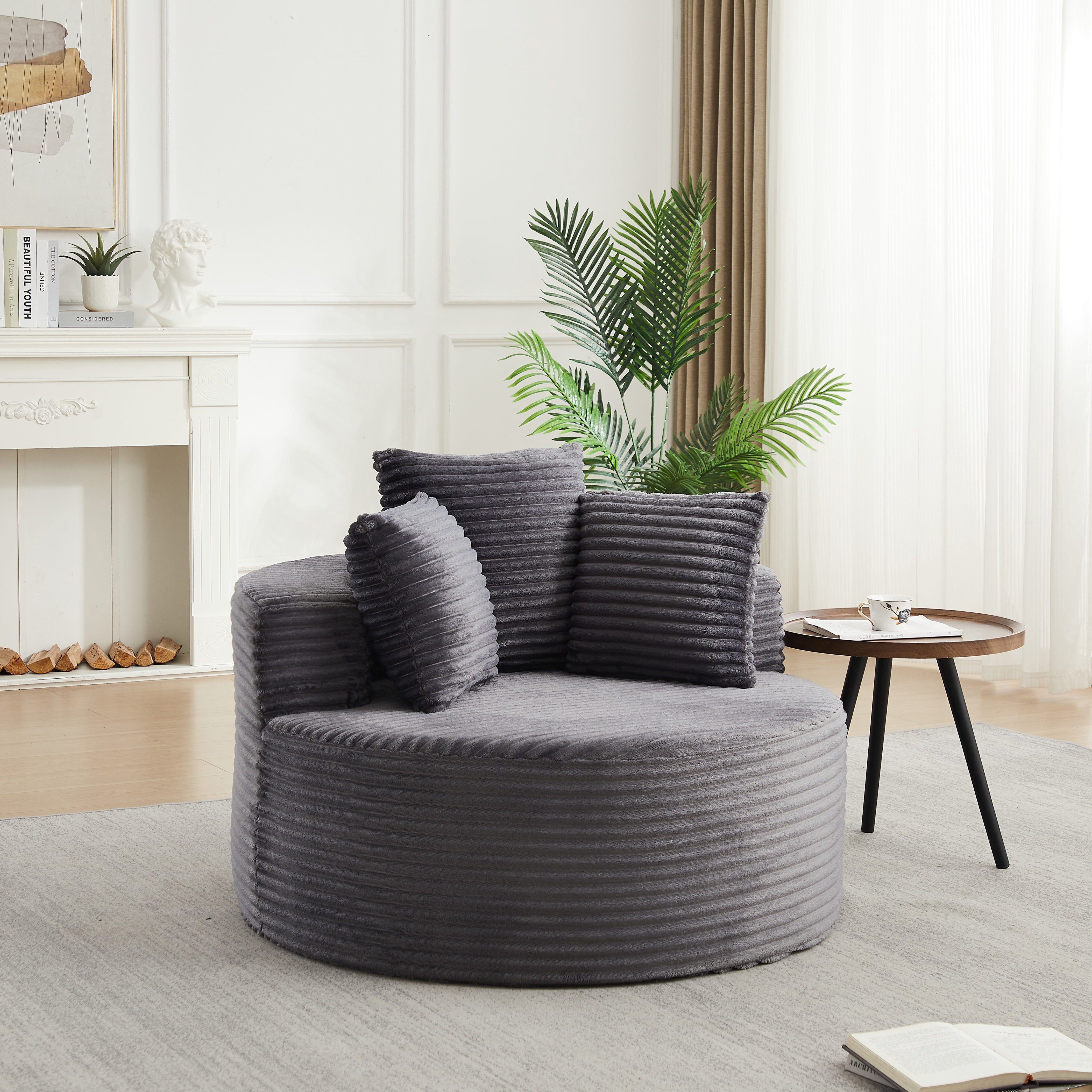 43-Inch Round Corduroy Single Sofa, Comfortable Lounge Chair, Comes With Three Pillows, Minimalist Design, Perfect For Bedrooms, Lounges, Game Rooms, And Living Rooms