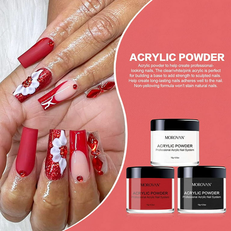 Morovan Acrylic Nail Kit 3 Colors Acrylic Powder and Liquid Set with Nail  Forms Acrylic Brush 