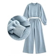 thumbnail image 6 of Women's Vintage Polka Dot 2 Piece Outfits Crop Sweatshirt and Loose Fit Wide Leg Flare Pants Y2K Retro Streetwear Casual Tracksuit Set Light Blue, 6 of 7