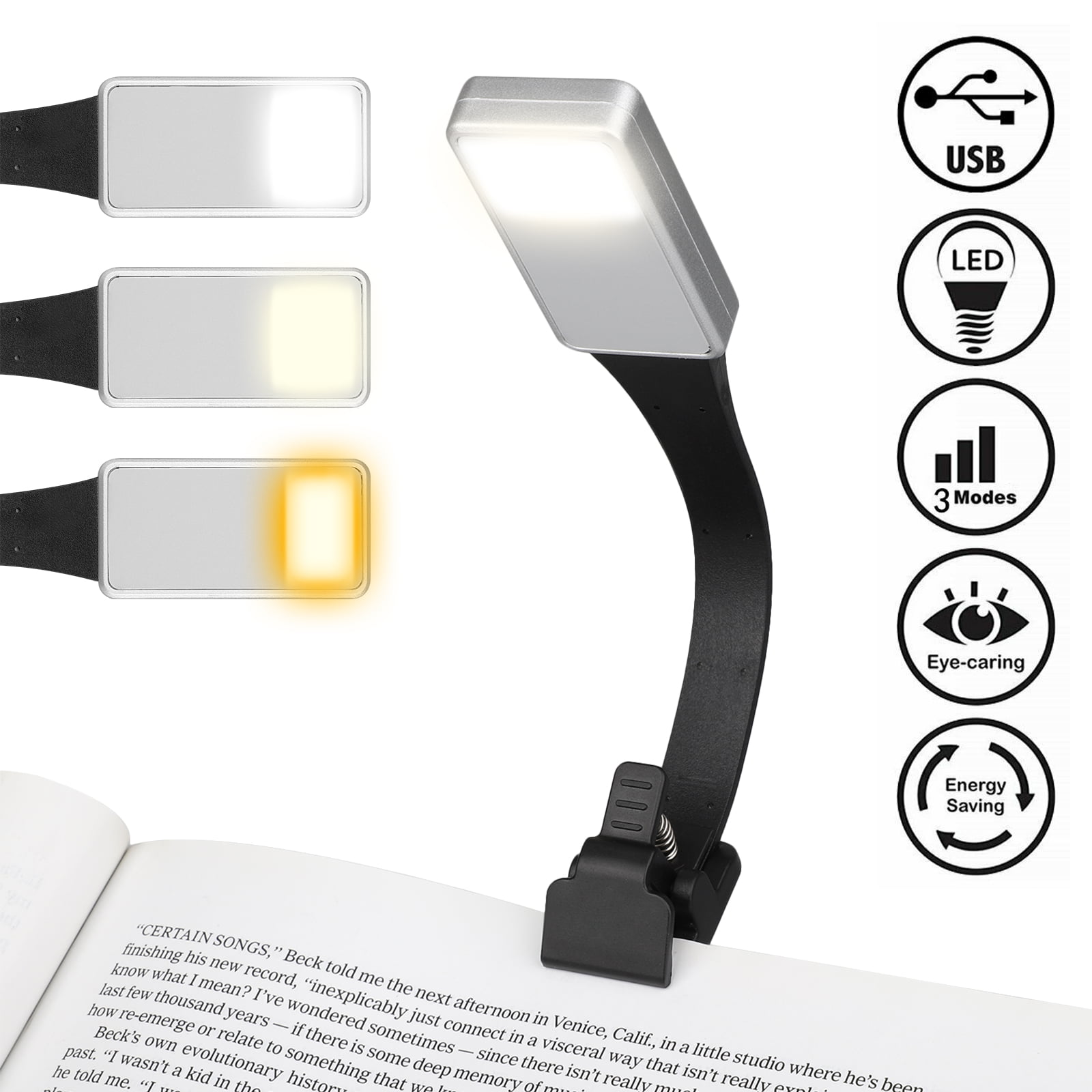 Eye-care Flexible Clip and Portable Travel Book Light Warm Light TopElek Dual head 2*4 LED USB Rechargeable book Light Clip Reading light in Bed Reading Warm Light Music Stand Night Light