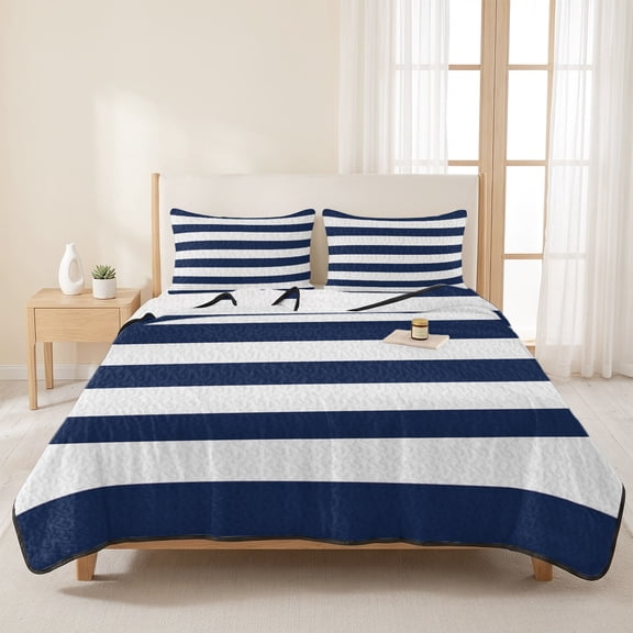 3 Pieces Queen Quilt Set,Nautical Striped Navy Blue and White Soft Bedding Sets with 1 Quilt & 2 Pillow Shams,Stripes Summer Bedspread Lightweight Coverlet Comforter for All Season