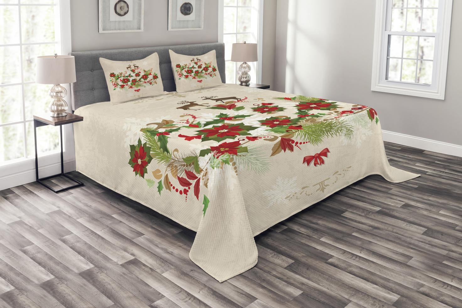 Christmas Bedspread Set Queen Size, Festive Composition with Blossoming