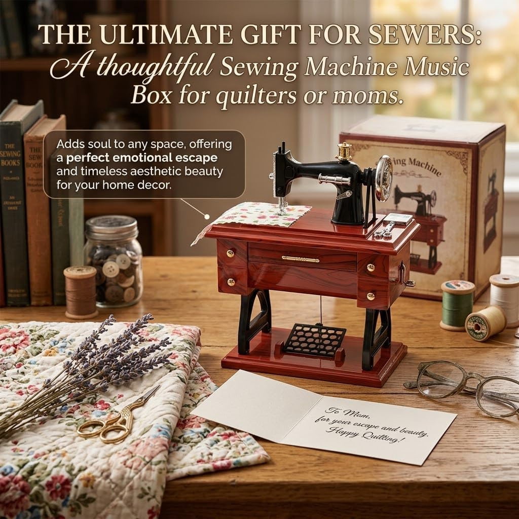Vintage Mini Sewing Machine Music Box, Musical Sewing Machine, Table Desk Home Decoration, for Mom, Wife, Grandma, Friends, Quilters, Sewing Lovers Christmas Anniversary Birthday Gifts (Large)