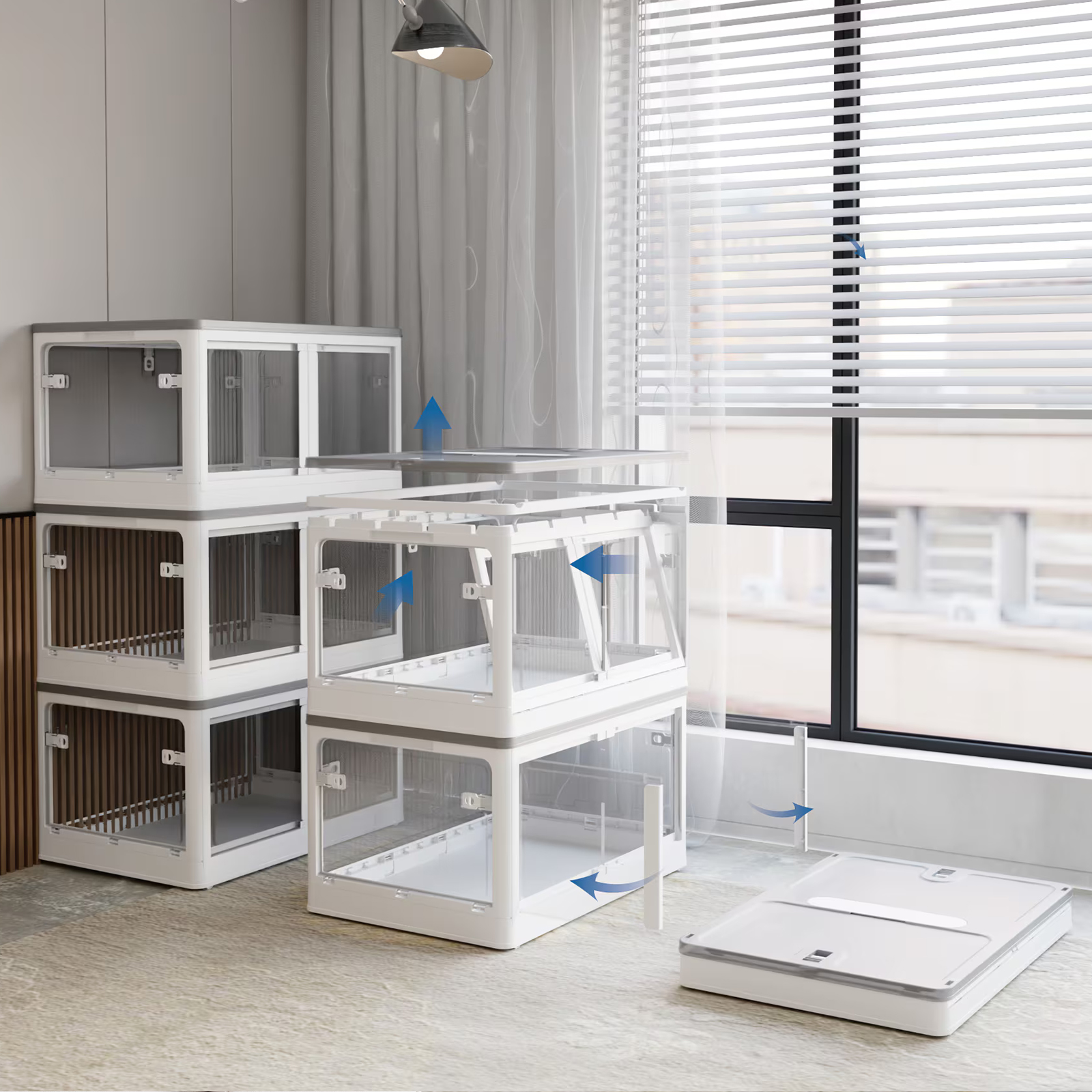384QTPlastic Storage Bins with Lids, 3 Pack Stackable Collapsible Storage Bins for Closet Organizers and Storage, Folding Storage Container Open Front Cabinets with Doors and Wheels, White