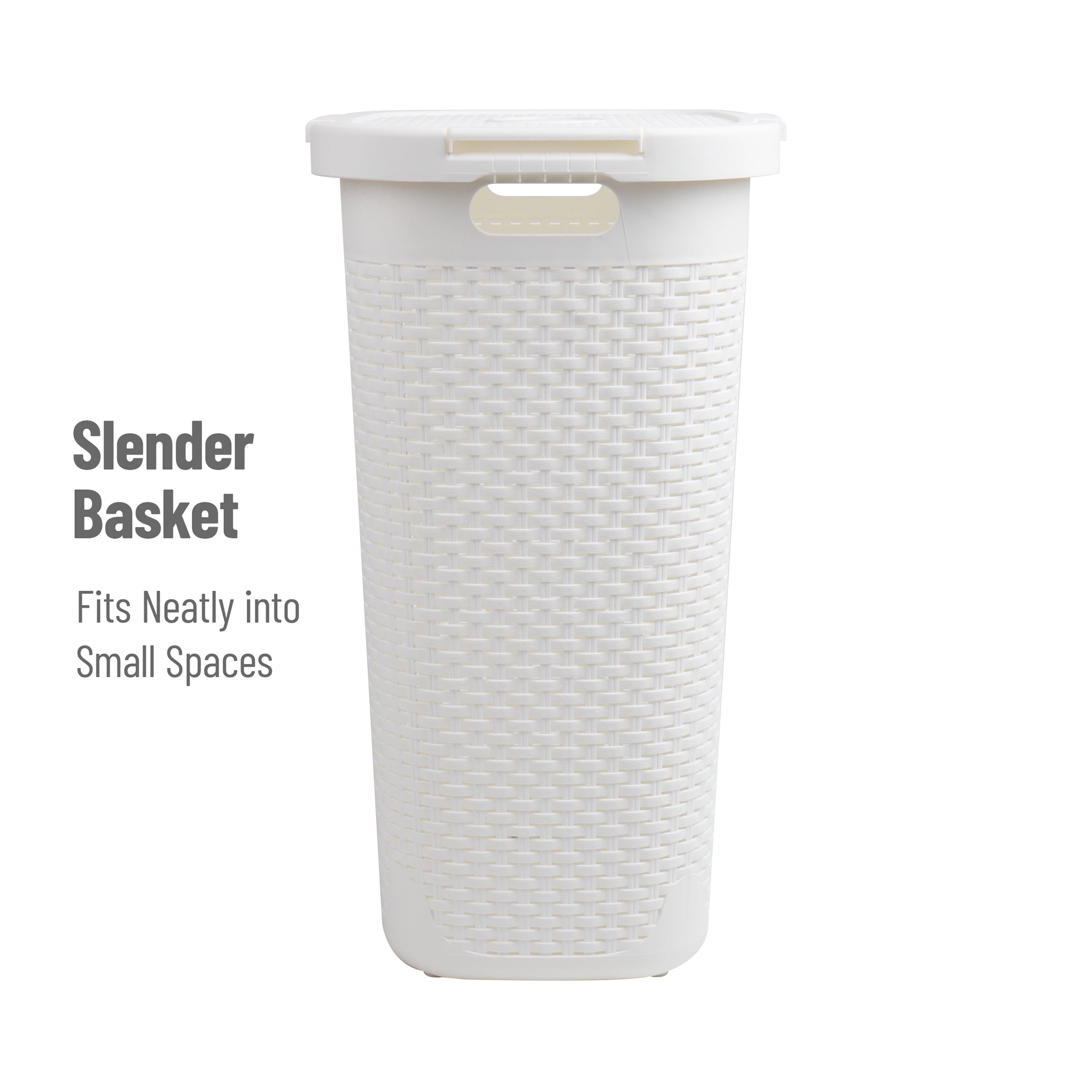 Mind Reader 60L Slim Laundry Hamper, Clothes Basket, Lid, Wicker Style, Plastic, 17.65"L x 13.75"W x 24.15"H, Set of 2, White