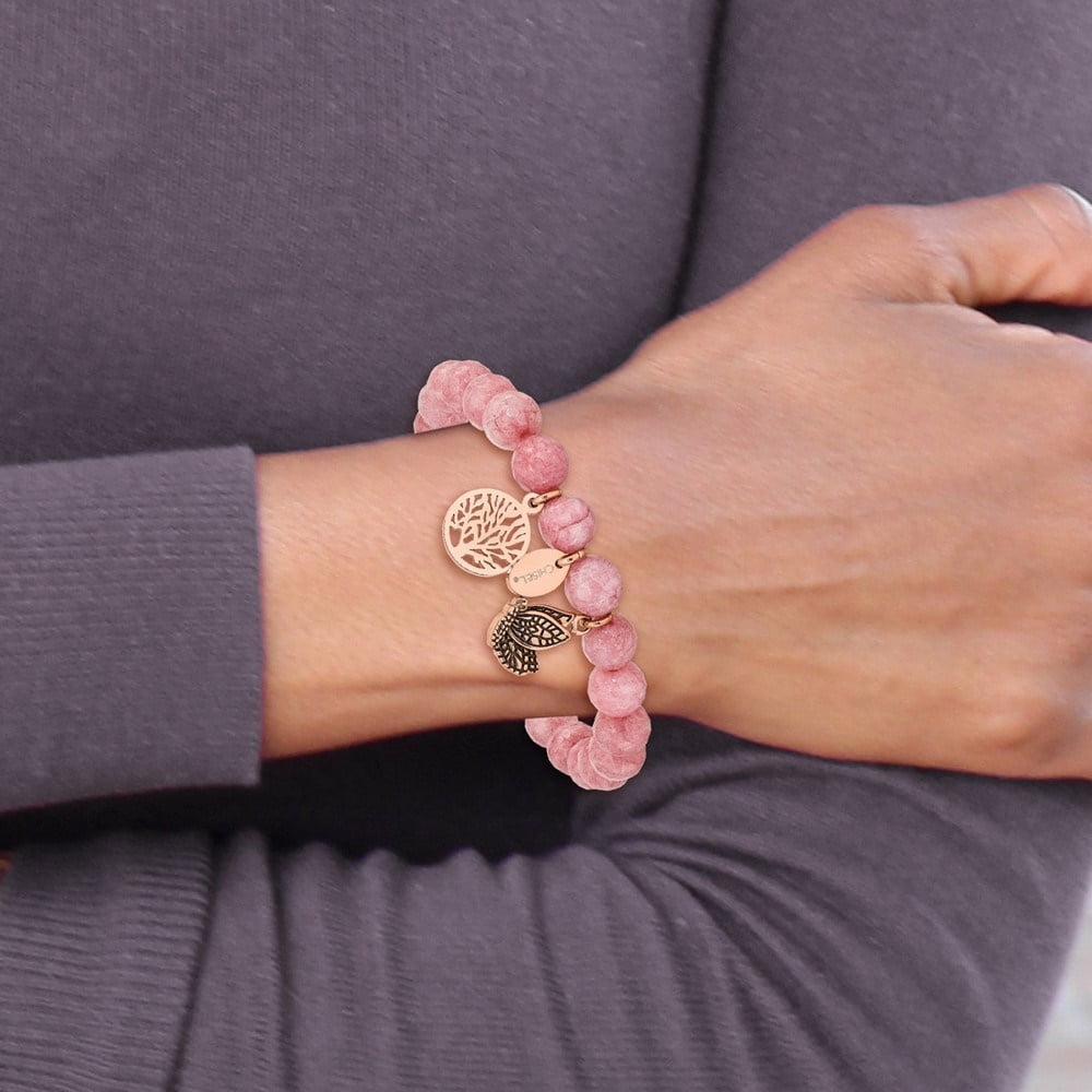 Diamond2Deal Stainless Steel IP-Plated Butterfly and Tree of Life 8mm Pink Dyed Jade Beaded Stretch Bracelet for Women 6"