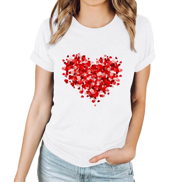 zanvin Womens Valentine's Day Graphic Tees Short Sleeve Love Heart Tshirts  Cute Valentine Gift for Her,White,M 