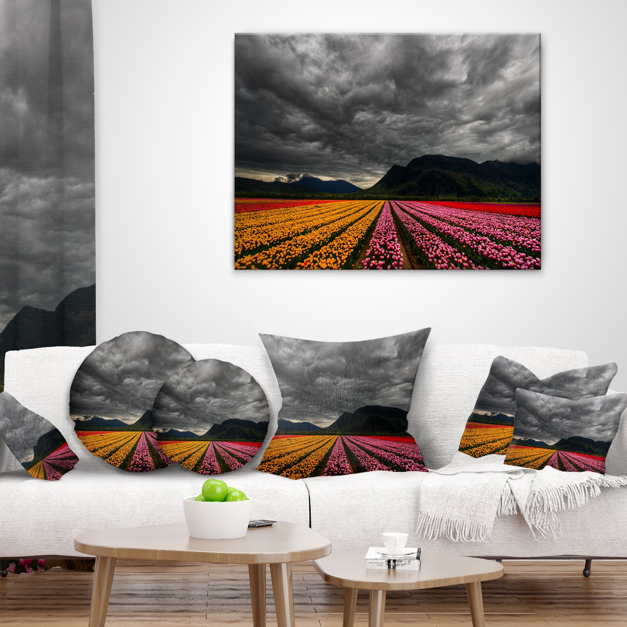 Designart Parallel Rows of Colorful Tulips - Landscape Printed Throw Pillow - 16x16