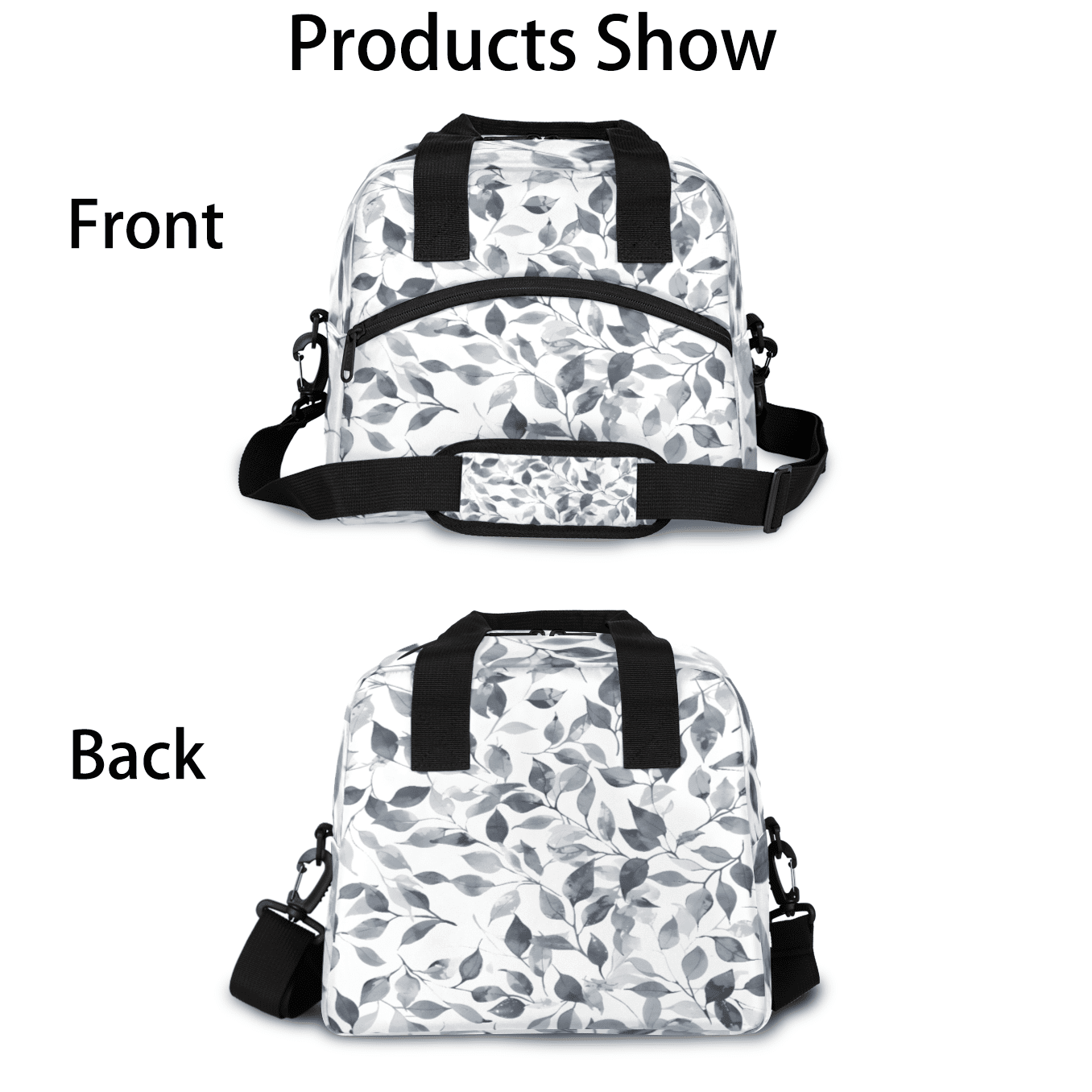 Herdesigns Gray and White Insulated Lunch Bag for Women Men Adults Large Reusable Lunch Box Leaves Leakproof Cooler Tote Bags with Adjustable Shoulder Strap