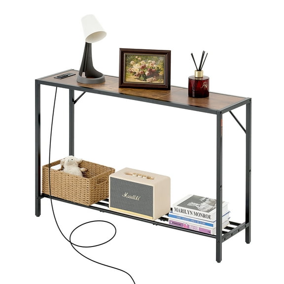 KFFKFF 2-Tier Console Table, 41.7”*11.6" Entryway Table with 2 Sockets and 2 USB ports, Slim Couch Table with Metallic Structure and Charging Hub