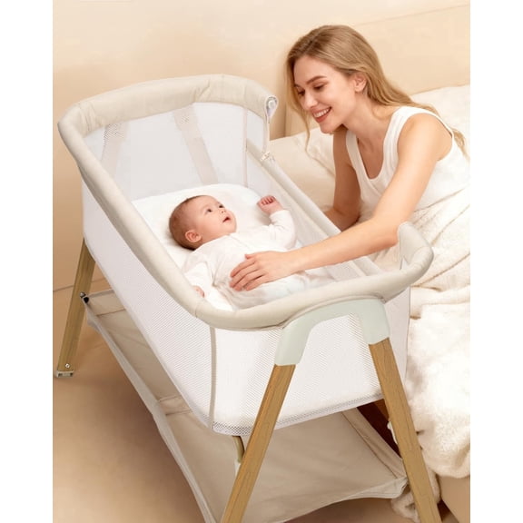 Baby Bassinet, Bedside Bassinet for Baby, Bassinet Bedside Sleeper with Mattress, Storage Basket and 4 Auto-Lock Wheels, Full-Mesh Sides, Bedside Crib for Newborn,Khaki