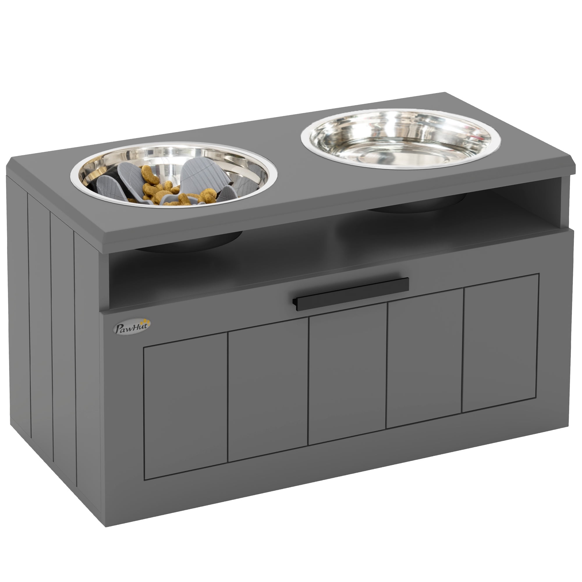 PawHut Elevated Dog Bowls, Raised Dogs Bowl Stand with 2 Stainless Steel Bowls, 25L Storage Drawer and Slow Feeder Mat