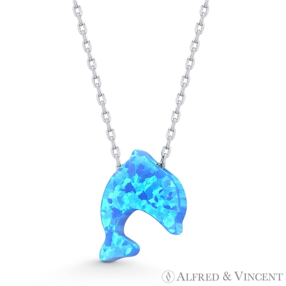 Lab-Created Opal Dolphin Animal Sealife Charm Pendant & Chain Necklace in .925 Sterling Silver