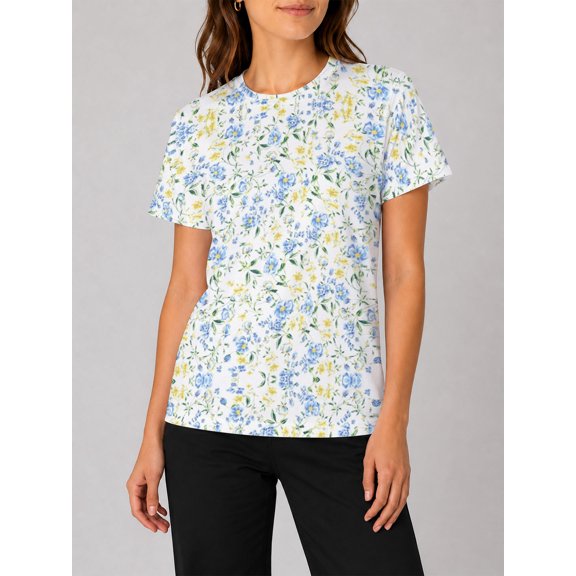 Women's All-Over Print Watercolor Blue Yellow T-Shirt Short Sleeve Crewneck Casual Summer Tee Tops