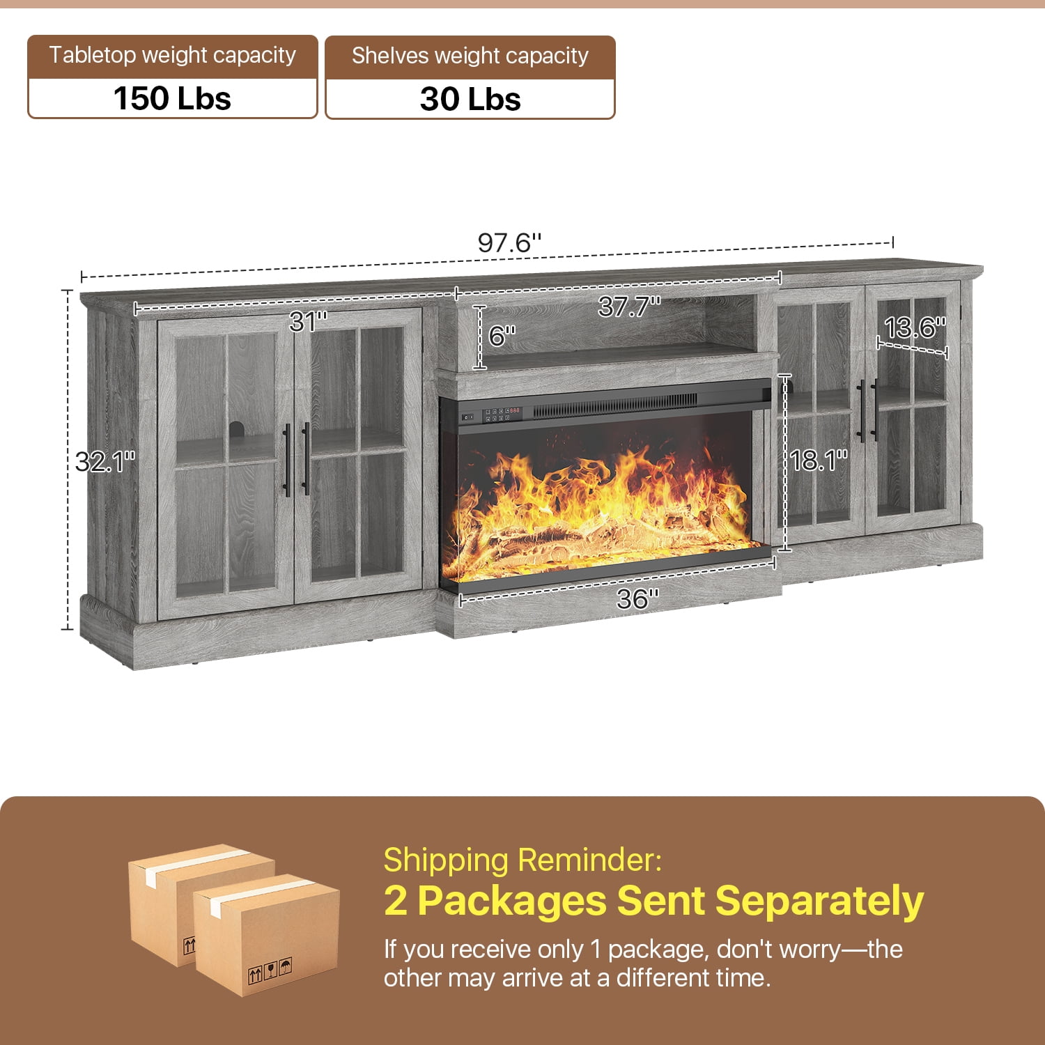 Sonegra 98" Farmhouse TV Stand with Fireplace for TVs up to 100", Media Entertainment Center with Adjustable Shelves and Large Storage Cabinets, for Living Room, Gray