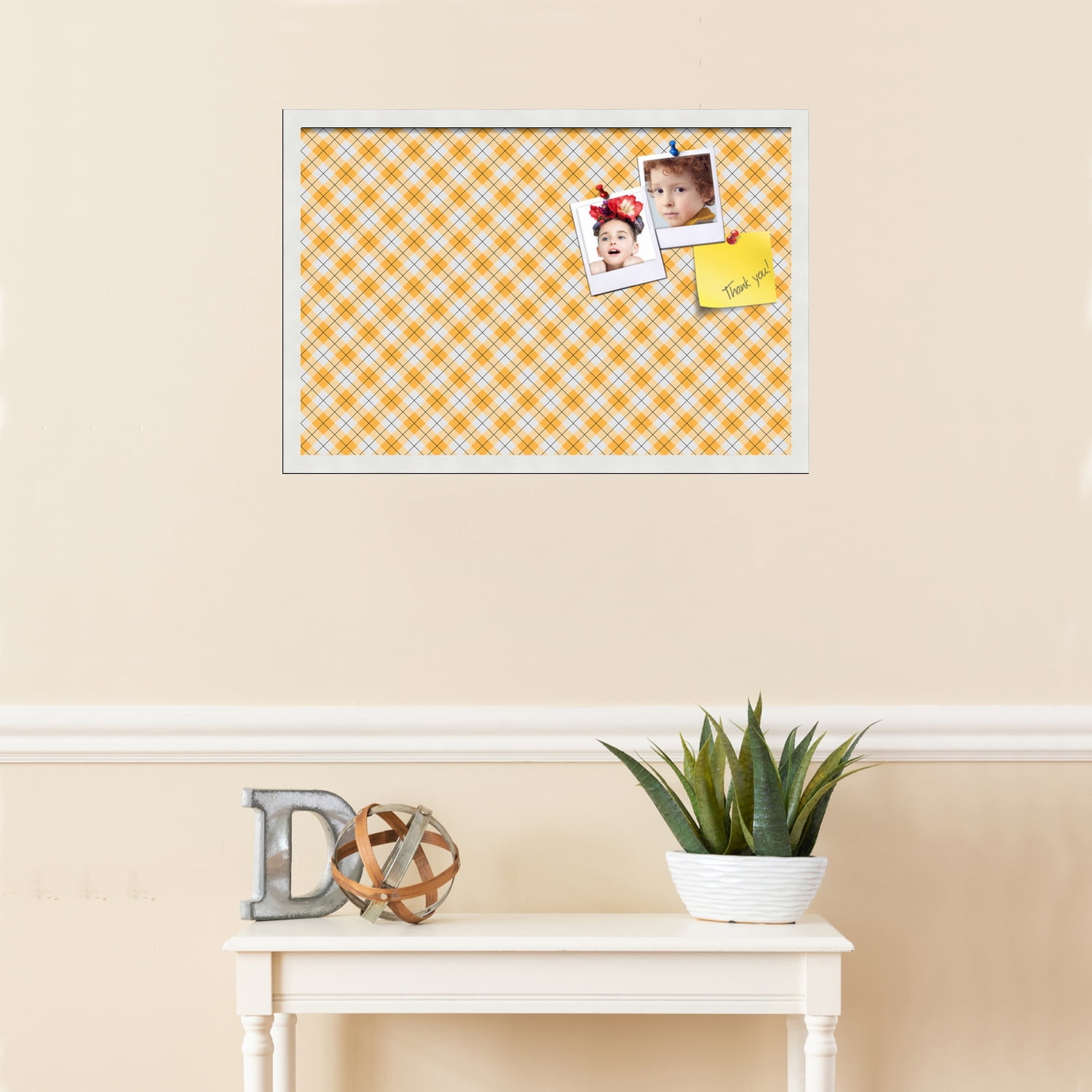 PinPix ArtToFrames 25x16 Custom Cork Bulletin Board Argyle Orange   Poster Board Has a Fabric Style Canvas Finish, Framed in Satin White Frame (PinPix-636)