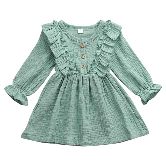 Kiijoy Little Girls Cotton Ruffle Long Sleeve Dress Casual Solid Skater Dresses, Green