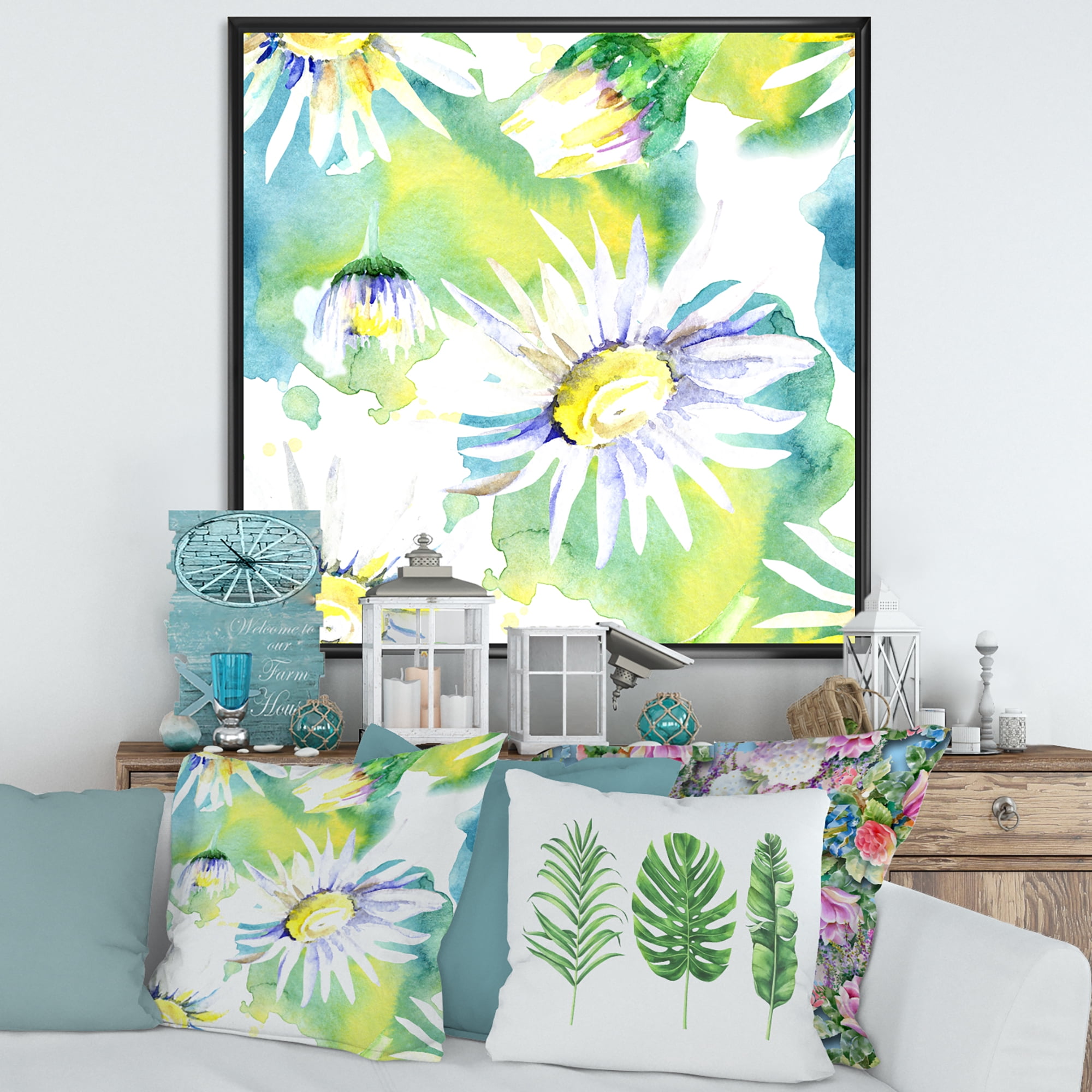 Aquarelle Impression of Daisy Flowers II 30 in x 30 in Framed Painting Canvas Art Print, by Designart