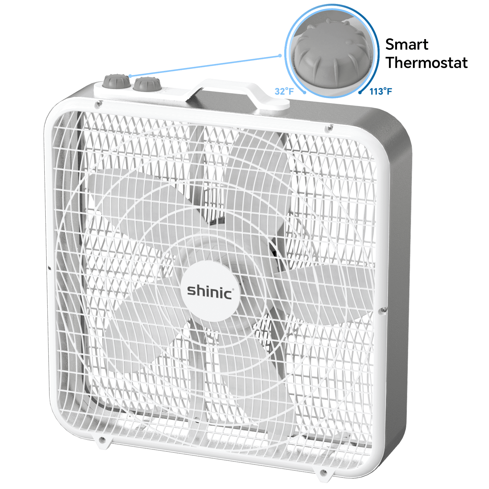 Shinic 20'' Box Fan with Thermostat, 3 Quiet Speeds,Powerful Airflow, Lightweight Box Window Fan for Indoor & Outdoor Use, White
