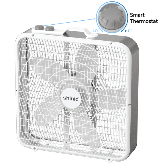 Shinic 20'' Box Fan with Thermostat, 3 Quiet Speeds,Powerful Airflow, Lightweight Box Window Fan for Indoor & Outdoor Use, White