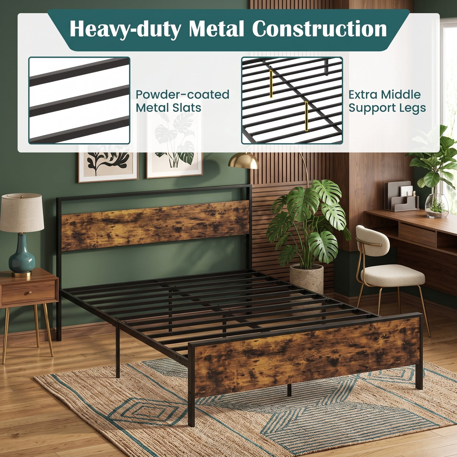 Furnibear Queen Bed Frame with Storage, Industrial Metal Platform Bed with Wooden Headboard and Under-Bed Space, Rustic Brown