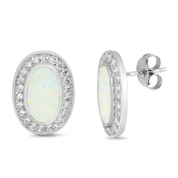 Halo Set White Synthetic Opal CZ Oval Earring Sterling Silver
