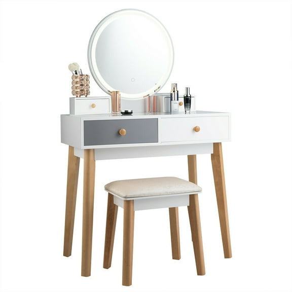 Gymax Makeup Dressing Vanity Table Set w/ Touch Screen Dimming Mirror Stool