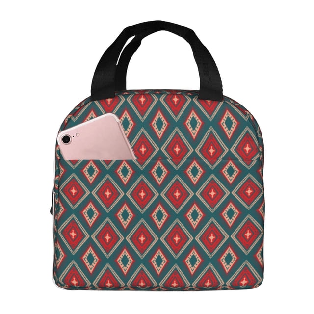 Fotbe Red And Orange On Blue Teal Bolsa Térmica con Estampado y Forro de Aluminio Grueso Bolsa de Almuerzo con Bolsillo Frontal para Hombres y Mujeres, Ideal para Trabajo, Escuela