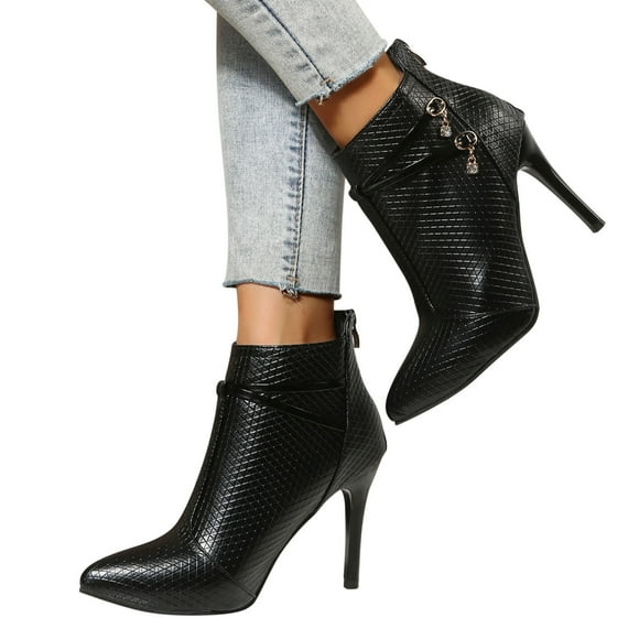 EGNMCR Ankle Boots for Women Thin Large High Heeled Pointed Leather High Bare Fashionable Back Zippered Short Boots