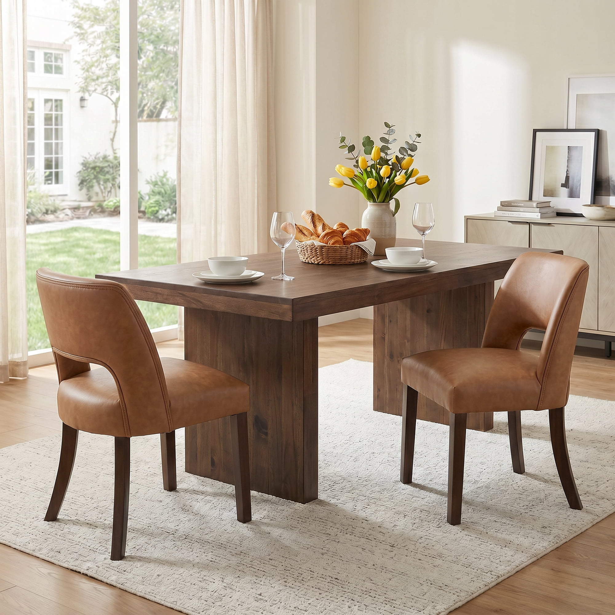 VKNOW Faux Leather 20.7" W Upholstered Dining Chairs Set of 6, Thick Foam Cushion Kitchen & Dining Room Chairs with Solid Wood Legs, Brown